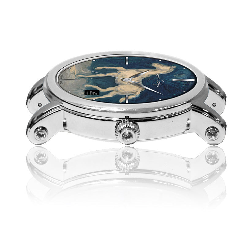 Van Gogh quartz wrist watch with horse plaster statue, decorative art piece with visible clock face