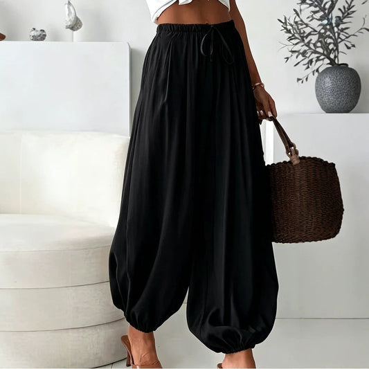 Women's summer loose drawstring wide-leg cropped harem pants with draped effect, 2026 fashion style