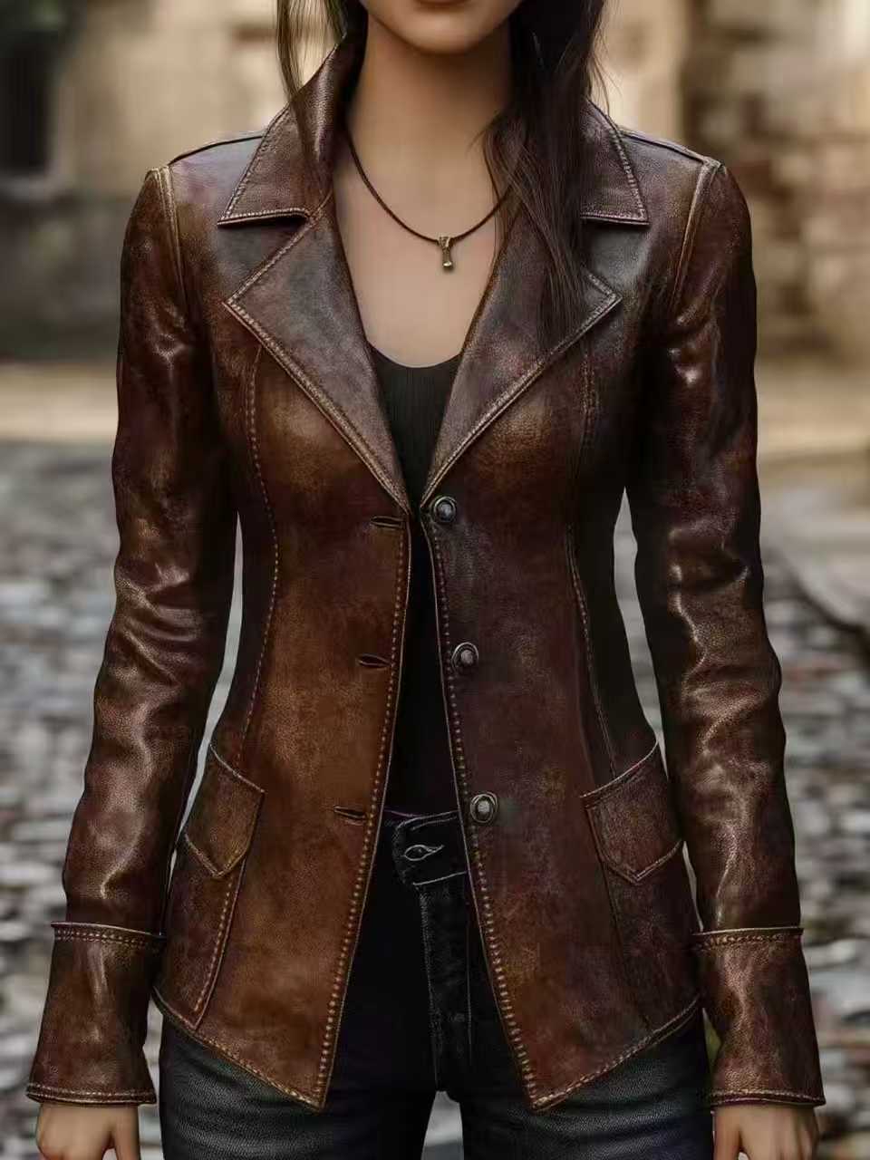 Chic retro cool biker leather jacket top in black with classic zip front and fitted silhouette