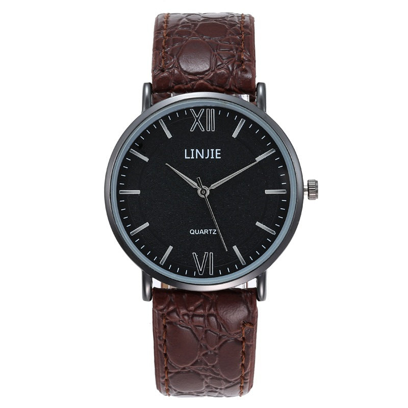 Men's casual fashion watch with brown leather belt strap and classic round dial