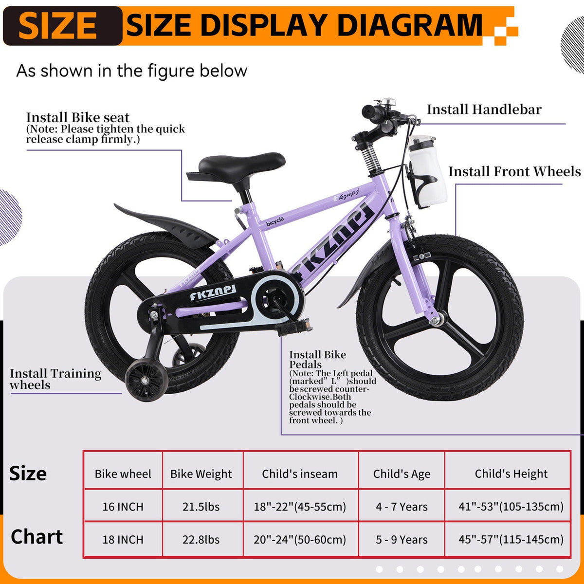 16-18 inch kids bike with training wheels and adjustable seat from GBruno Store, featuring colorful frame and training wheel support.