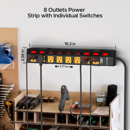 CRST 8-outlet metal surge protector power strip with individual switches, 1200J surge protection, wall mount, 6ft cord.