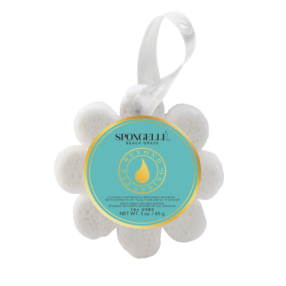 Spongellé Beach Grass Wild Flower Soap Sponge body wash infused buffer with natural floral and grass scent, textured surface visible.