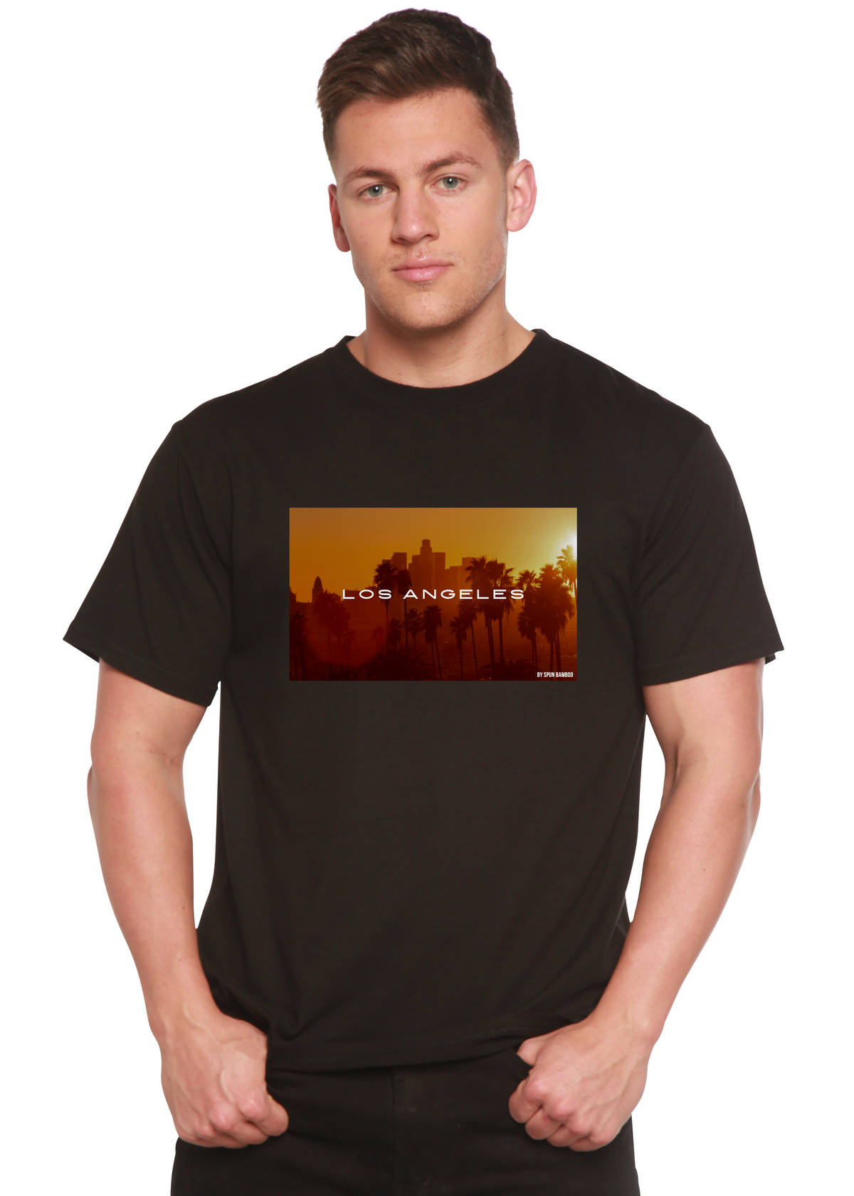 Men's Spun Bamboo Los Angeles graphic T-shirt made from bamboo viscose and organic cotton, with a colorful cityscape print.