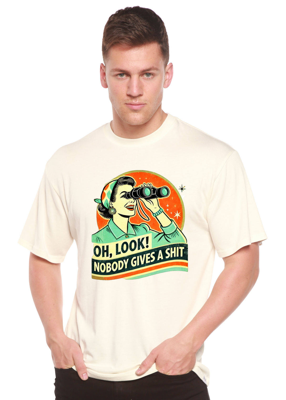 Men's Spun Bamboo graphic T-shirt with retro woman design, made from bamboo and cotton, featuring a humorous print.