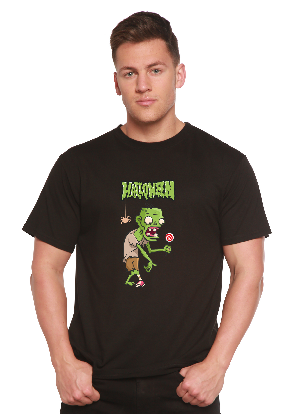 Unisex green monster Halloween T-shirt by Spun Bamboo, short sleeve, organic cotton and bamboo viscose, with graphic print.