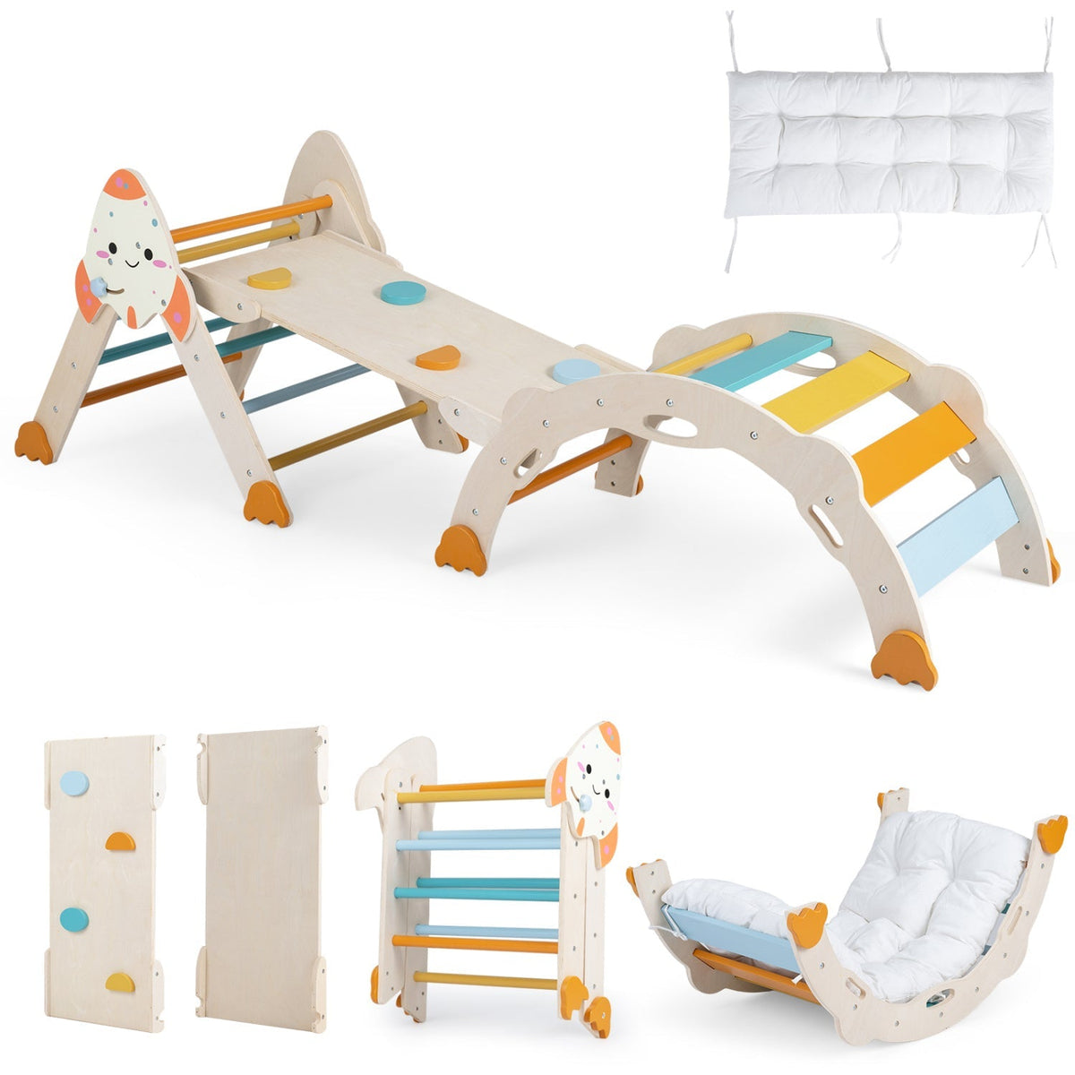 Colorful 8-in-1 foldable climbing toy set for toddlers with rocket theme, featuring slides, tunnels, and climbing panels for active play.