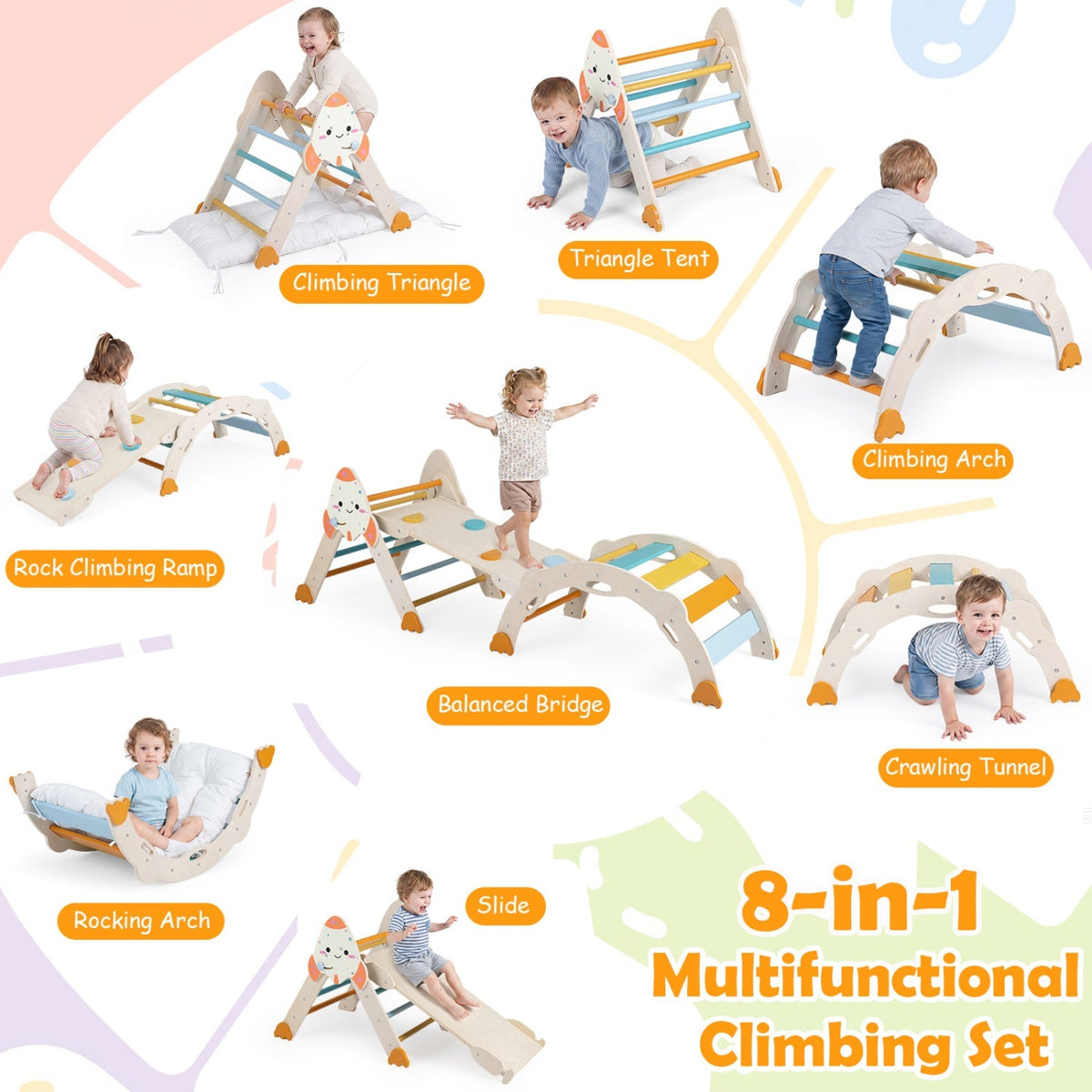 Colorful 8-in-1 foldable climbing toy set for toddlers with rocket theme, featuring soft ramps, steps, and a slide for active play.