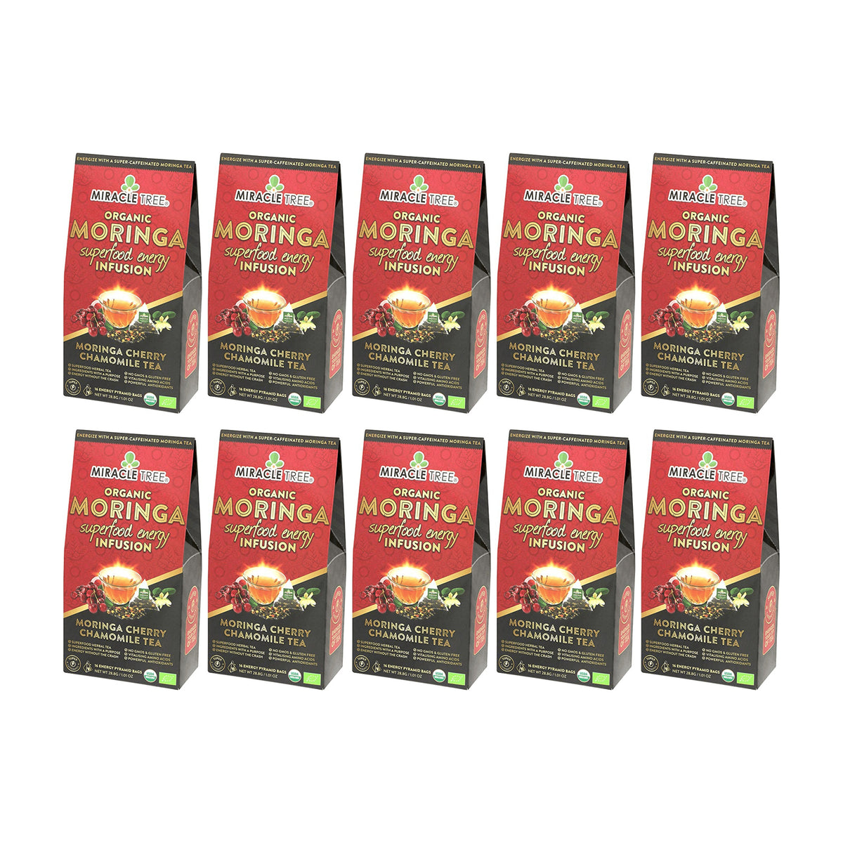 Organic Moringa Energy Tea by Miracle Tree featuring cherry and chamomile, natural coffee alternative with vibrant tea leaves and cherry blossoms.