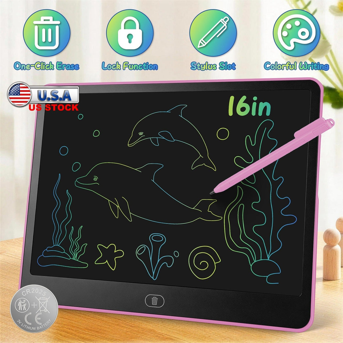 GBruno Store LCD writing tablet for kids with stylus and lock function, showing colorful drawing on a portable electronic writing device.