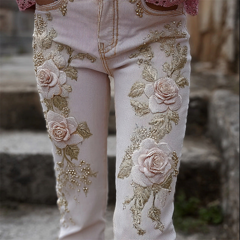 Womens Denim Jeans Womens Trousers With Colorful 3D Floral Prints