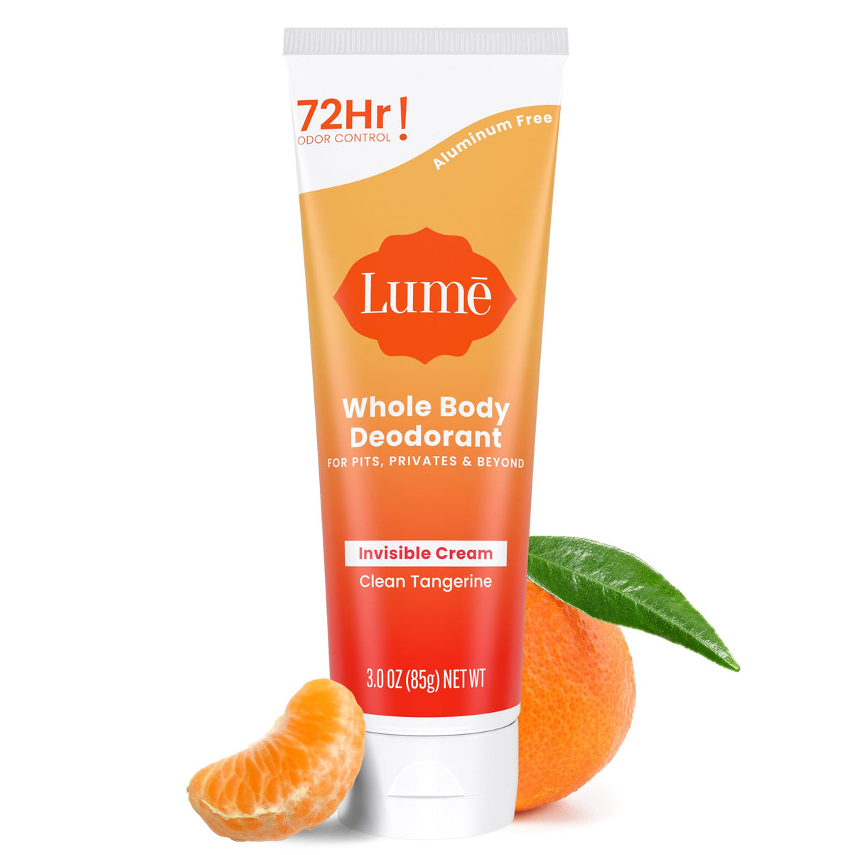 Lume Total Body Deodorant in Clean Tangerine, 3 oz creamy invisible cream with 72-hour protection, aluminum and baking soda free.
