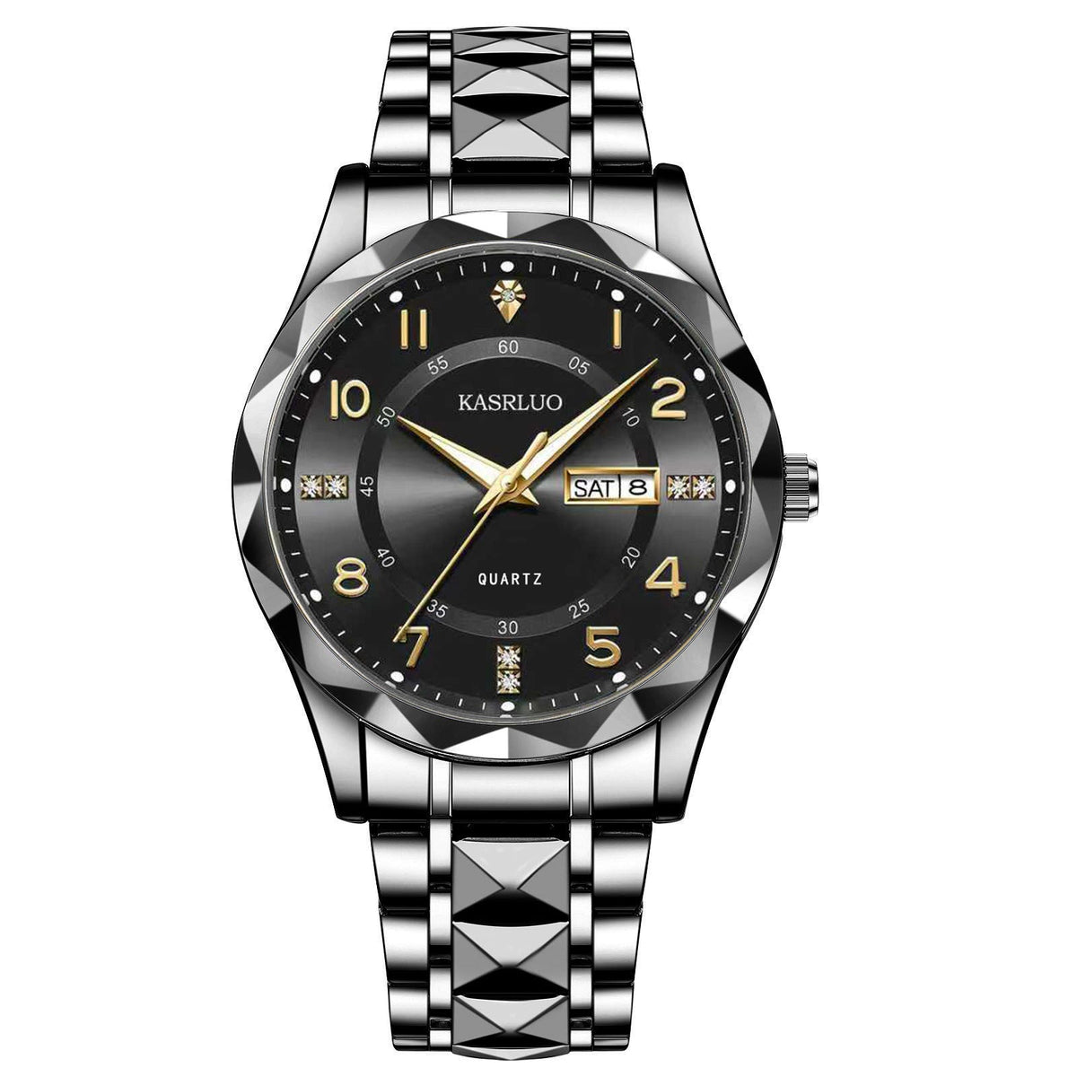 Men's dual calendar fashion waterproof luminous quartz watch, black dial and stainless steel band