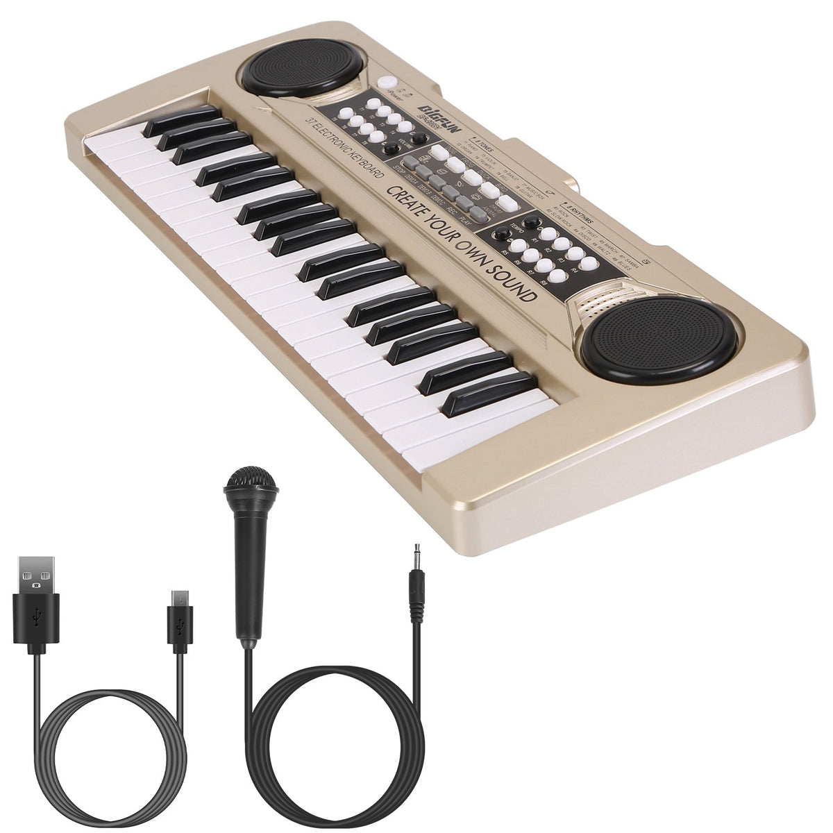 GBruno Store 37-key digital electronic keyboard with microphone, suitable for kids ages 3-10, featuring colorful buttons and musical keys.