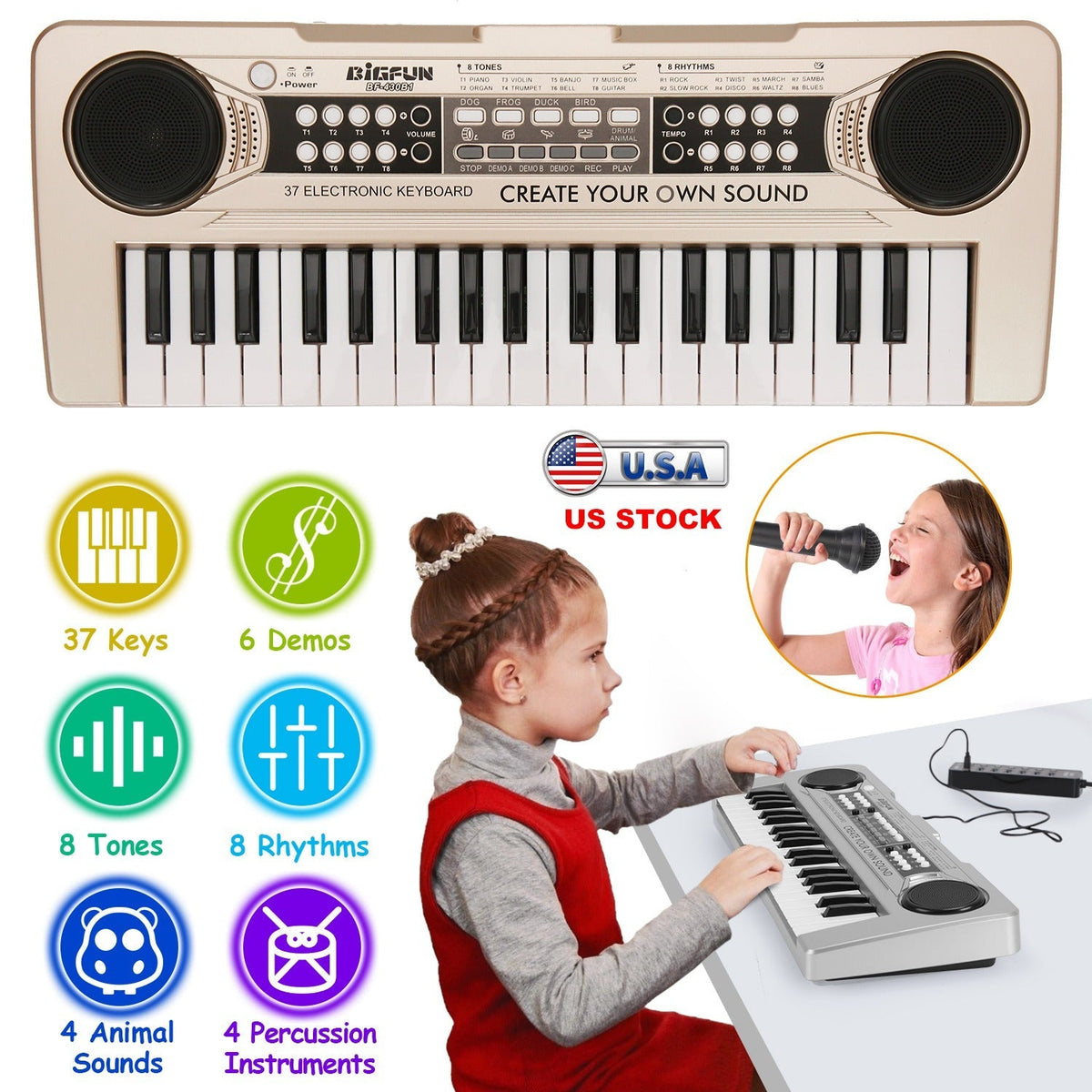 GBruno Store 37-key digital music electronic keyboard with microphone, ideal for kids ages 3-10, featuring colorful keys and playful design.