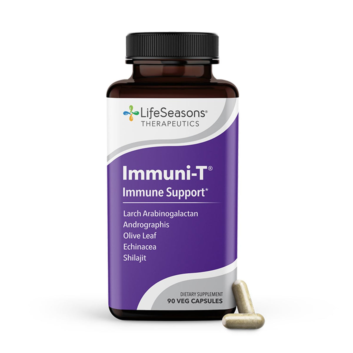 BackuppyFileSNOW Immuni-Boost herbal capsules for cold and flu defense, 90 capsules in clear bottle on white background.