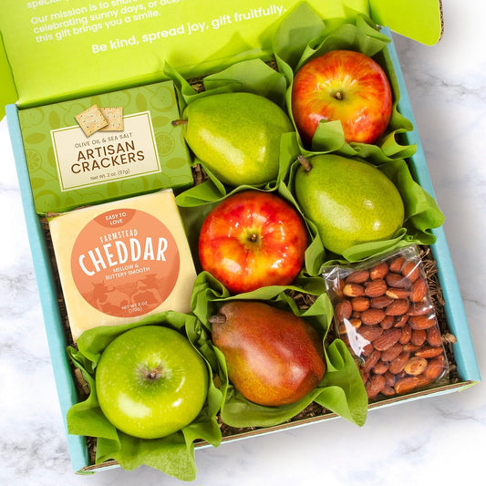 A Gift Inside fruit gift basket with fresh mixed fruit, cheese, and olive oil crackers, perfect for gifting on any occasion.