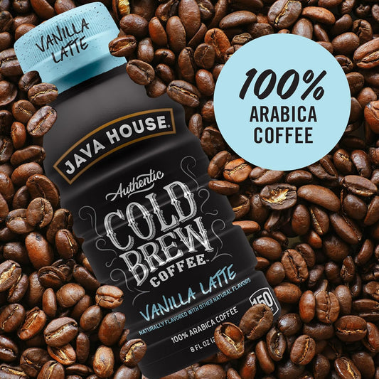 Java House Cold Brew 8oz bottles with French Vanilla Latte flavor, featuring a creamy, aromatic coffee beverage in a sleek bottle.