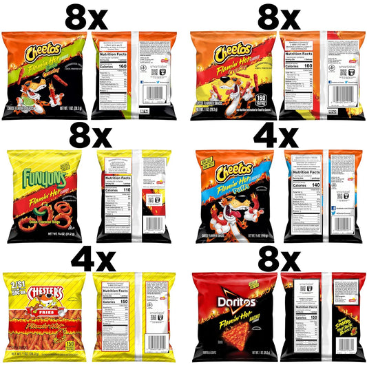 Frito Lay Flamin' Hot Mix variety snack chips including Cheetos, Doritos, Chester's, and Funyuns in a 40-pack, single-serve bags.