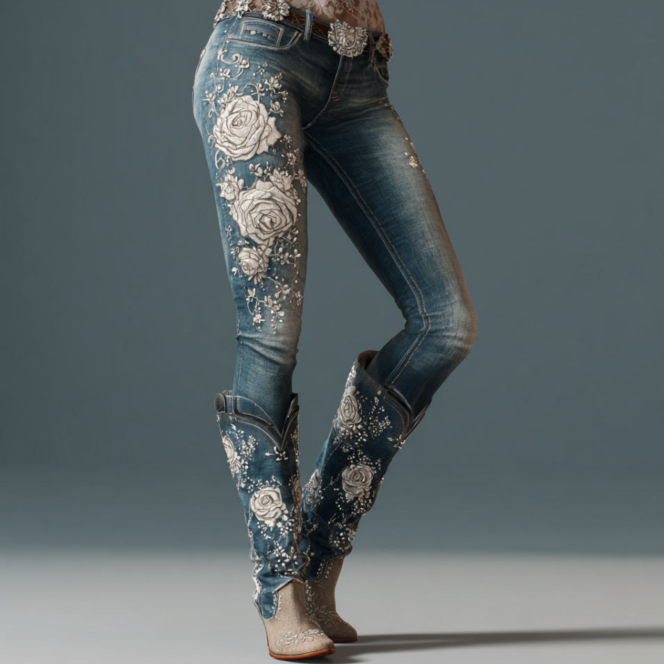 Womens Denim Jeans Womens Trousers With Colorful 3D Floral Prints