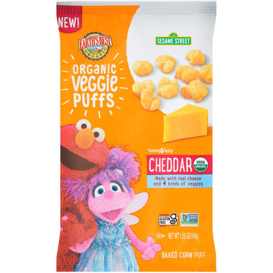 Organic Cheddar Veggie Puffs toddler snacks by Earth’s Best, gluten-free kid-friendly snack with Sesame Street branding, 1.55 oz bag.
