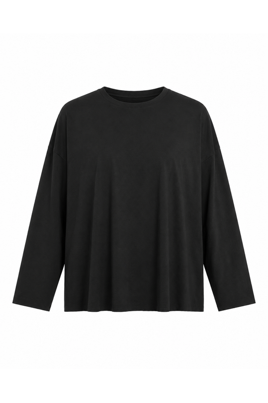 Black Pima cotton boxy T-shirt by PLANET by Lauren G, featuring a simple front view with a relaxed fit and soft fabric.