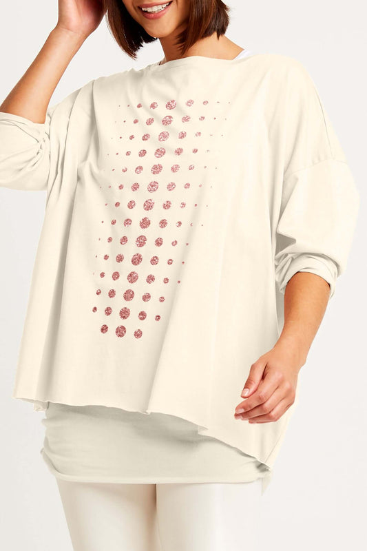 Planet by Lauren G Pima Cotton T-Shirt with metallic rose gold dot pattern, boxy fit in stone color, front view.