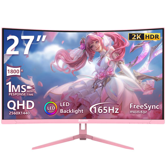 Sealan Pink 27-inch curved gaming monitor with 2K QHD display, 165Hz refresh rate, LED screen, HDMI and DP ports, eye-care tech.