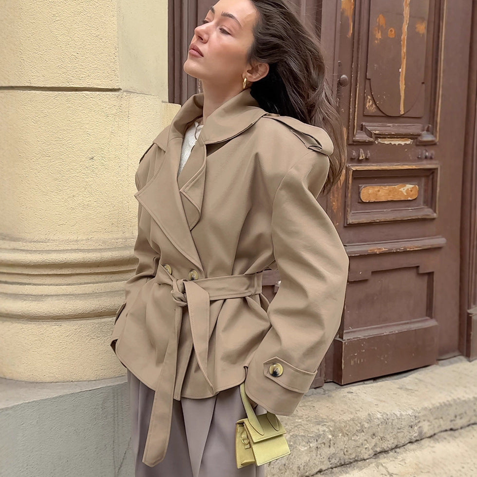 Women's khaki mid-length trench coat with lace-up waist and casual tailored fit