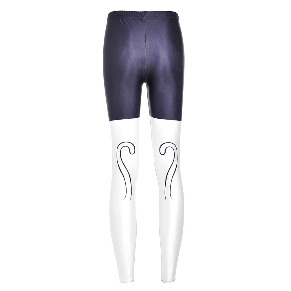 Women’s fashion fitness leggings with white cat print, front view