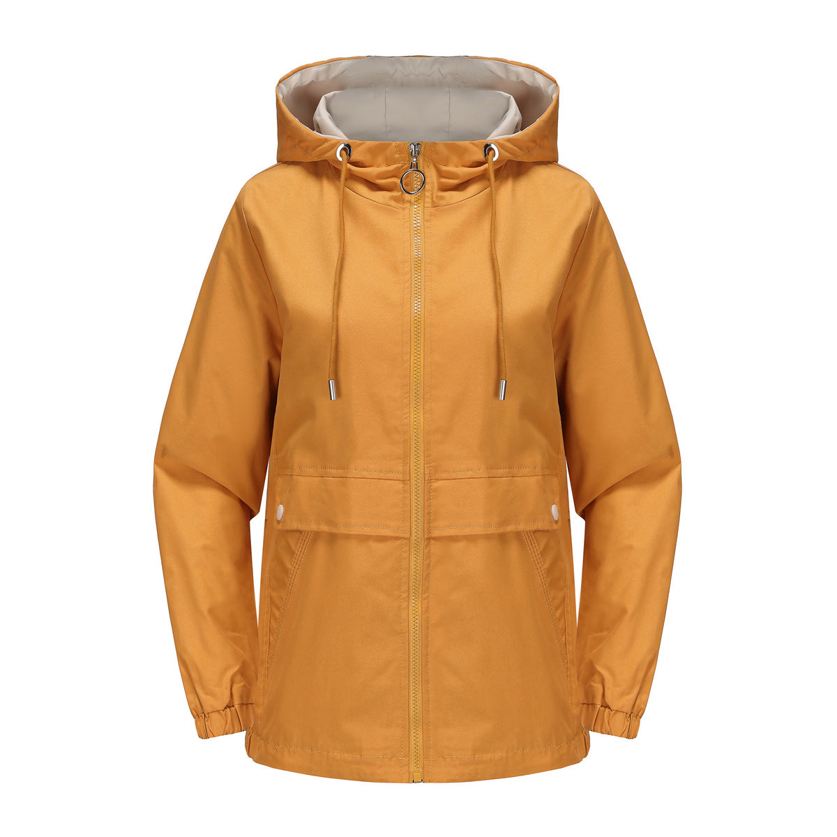 Women's hooded solid color trench coat by My Store in a classic longline design