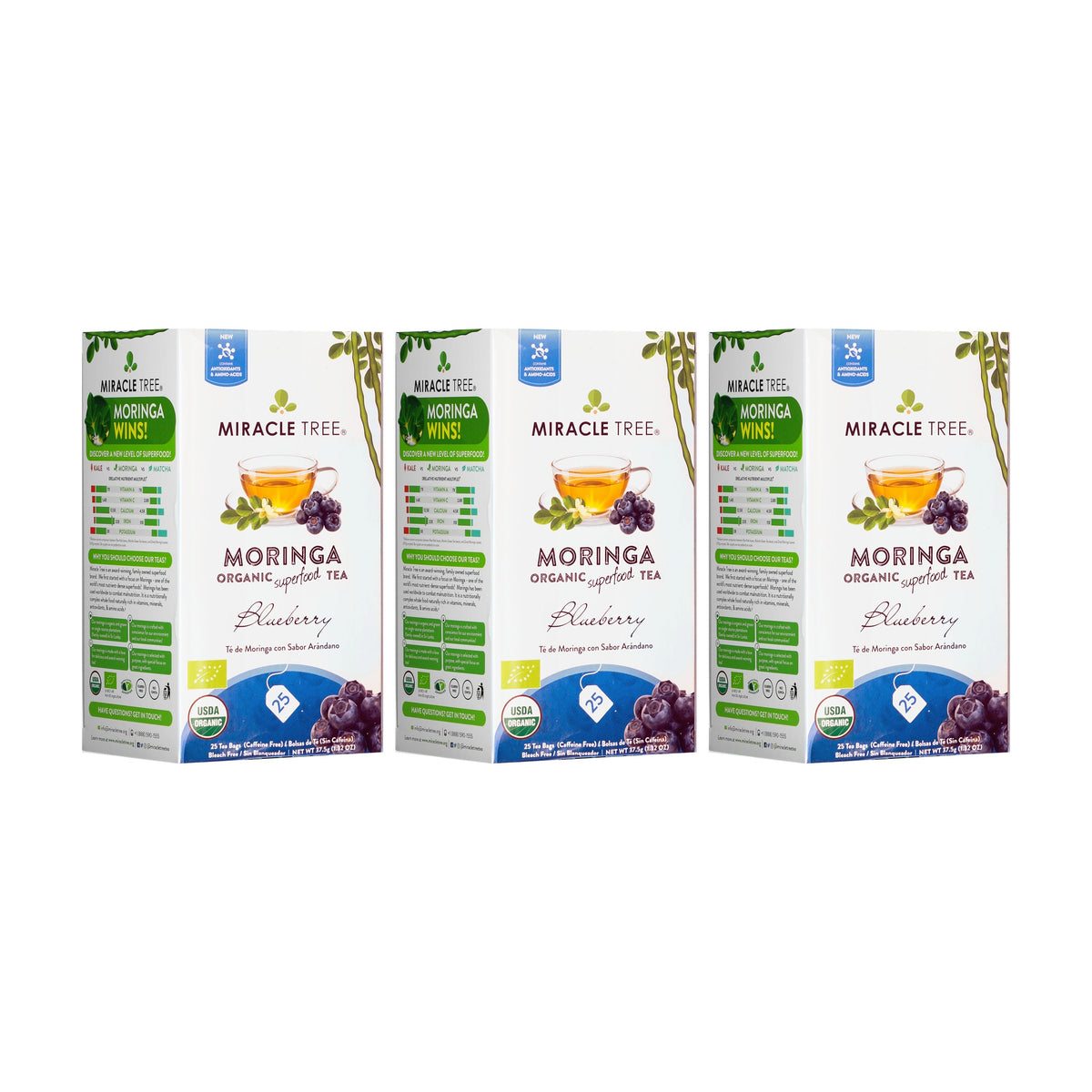 Organic Moringa and blueberry herbal tea by Miracle Tree, caffeine-free, with fresh blueberry and moringa leaves in a teacup.
