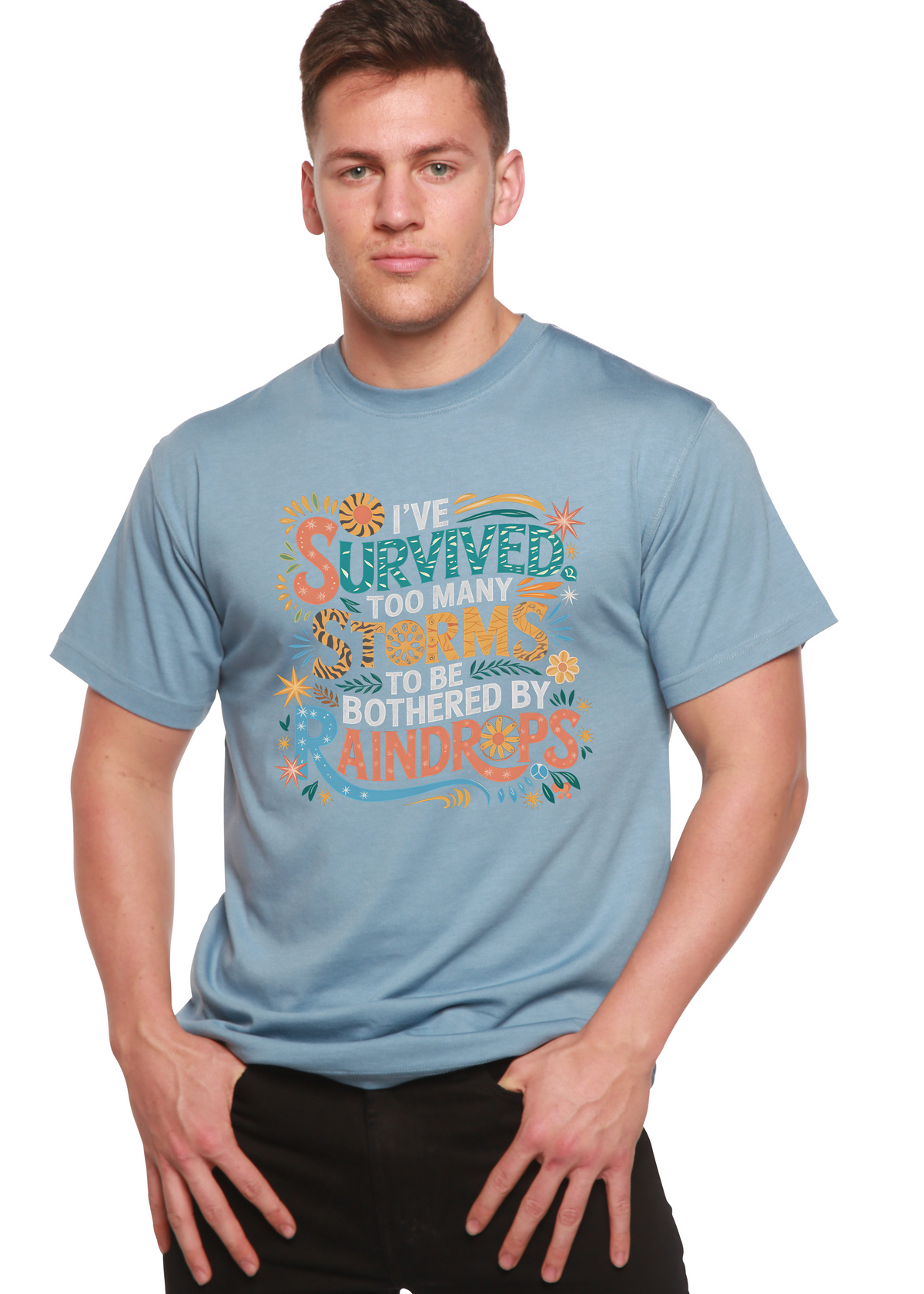 Unisex bamboo and cotton graphic T-shirt with "I've Survived Too Many Storms" print by Spun Bamboo, men's casual clothing.
