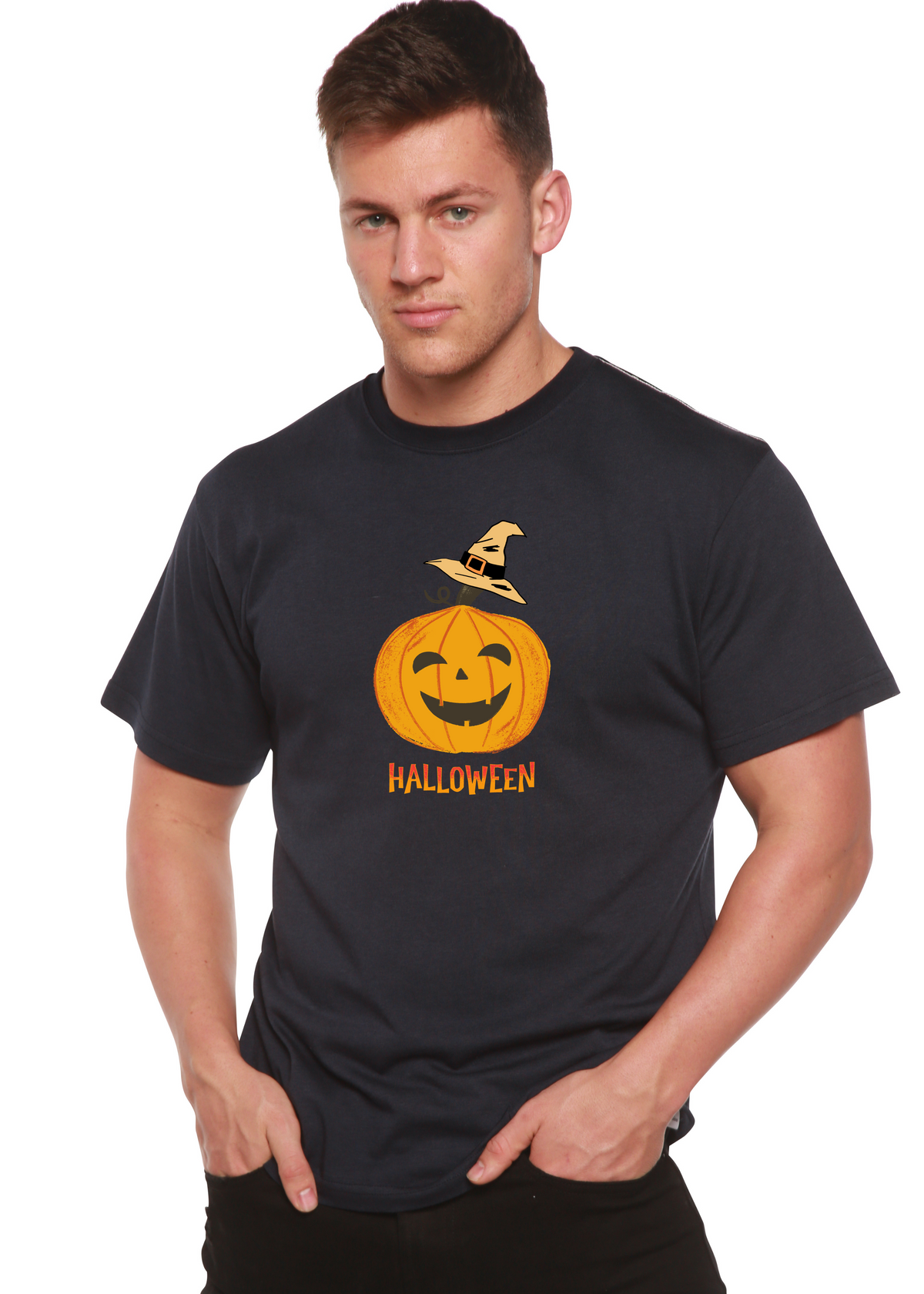 Spun Bamboo men's Halloween pumpkin graphic T-shirt made of bamboo viscose and organic cotton with short sleeves.
