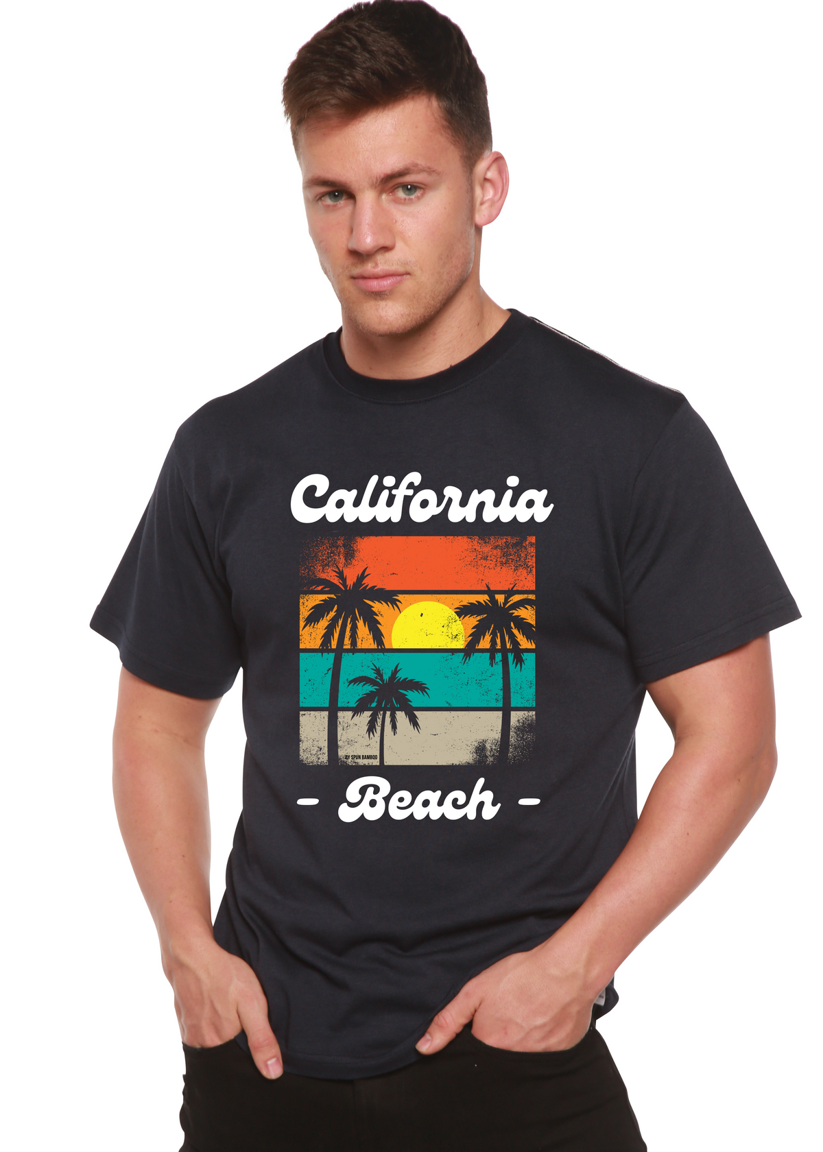 Men's printed graphic T-shirt by Spun Bamboo featuring California Beach design in bamboo viscose and organic cotton fabric.