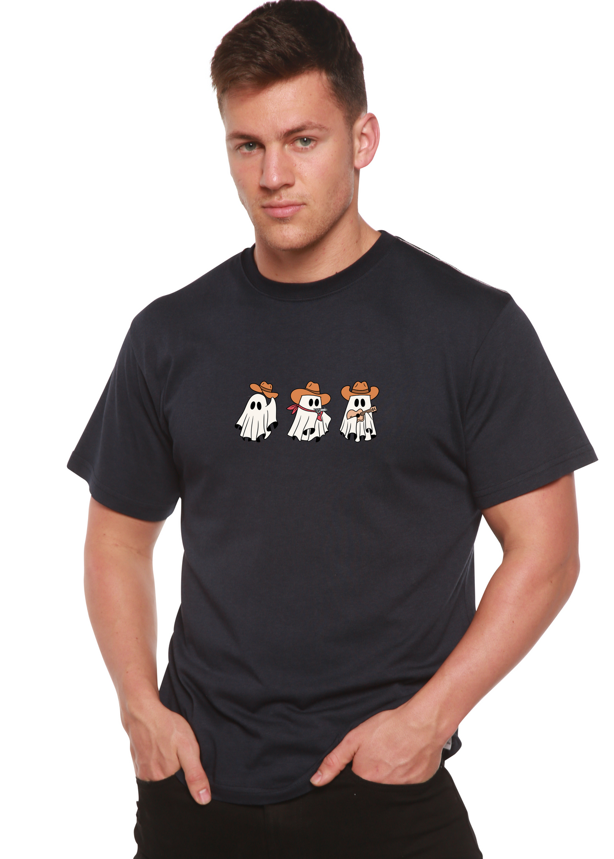Unisex cowboy ghosts graphic T-shirt by Spun Bamboo, short sleeve with printed design, made from bamboo viscose and organic cotton.