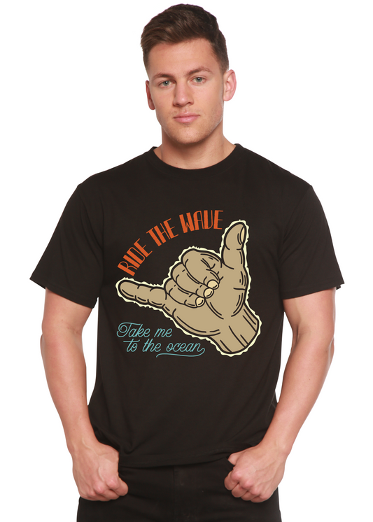 Men's Ride The Wave bamboo viscose organic cotton graphic T-shirt by Spun Bamboo, featuring a colorful wave print on short sleeve tee.