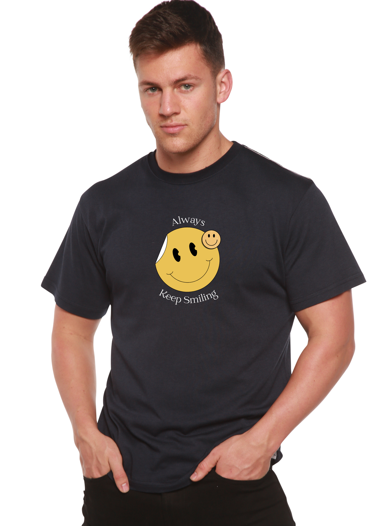 Spun Bamboo men's printed T-shirt featuring a smiling graphic design made from bamboo viscose and organic cotton fabric.