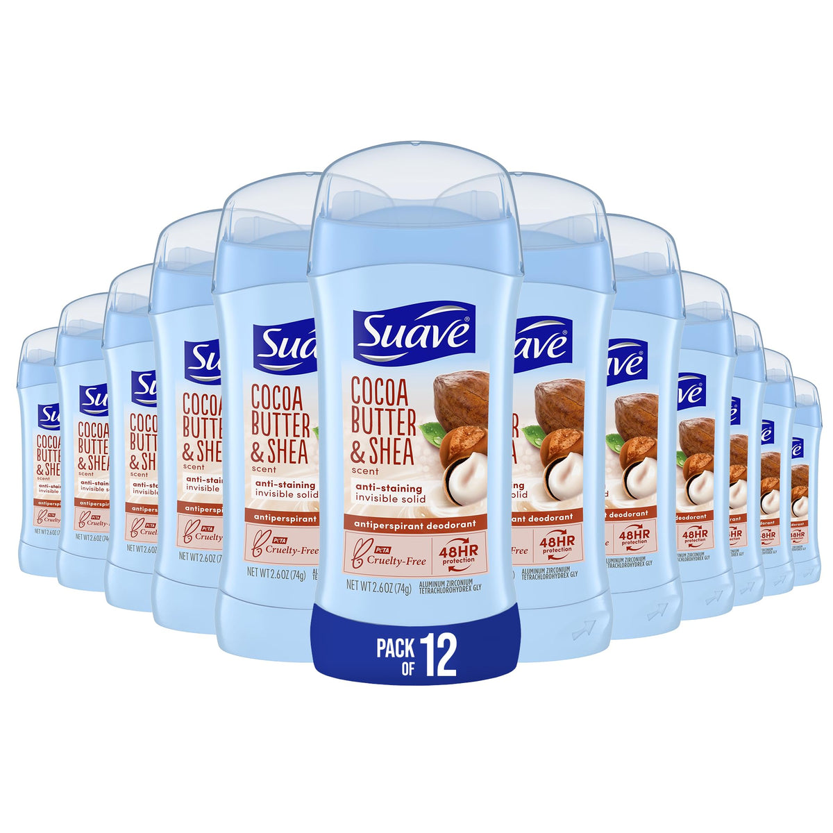 BackupMyFilesNow Suave Cocoa Shea 48hr women’s antiperspirant 2.6oz, 12-pack, with soothing cocoa and shea fragrance.