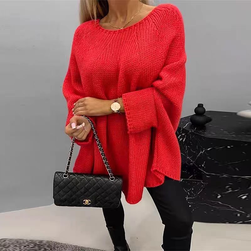 Women's winter oversized knitted pullover sweater with loose batwing sleeves and shawl-style neckline