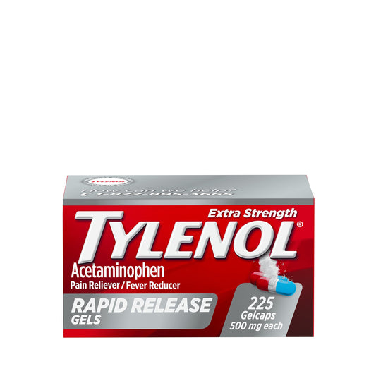 Tylenol Extra Strength 225 Rapid Pain Relief Gelcaps, white capsules with blue and red markings, in blister packaging.