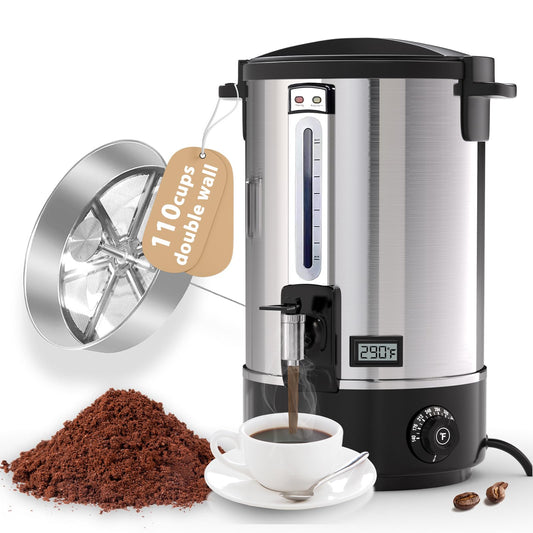 Large stainless steel commercial coffee urn with double wall insulation, designed for serving 110 cups of hot coffee at catering events.
