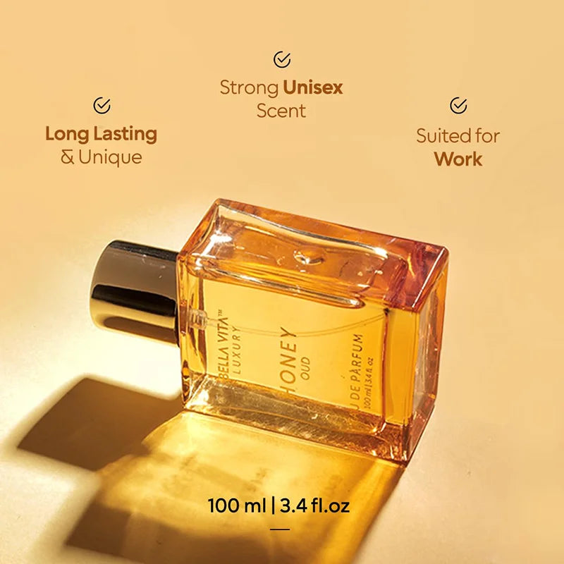 Blushimmer BellaVita Luxury Honey Oud Eau de Parfum bottle, 3.4 fl oz, with elegant packaging, unisex long-lasting fragrance.