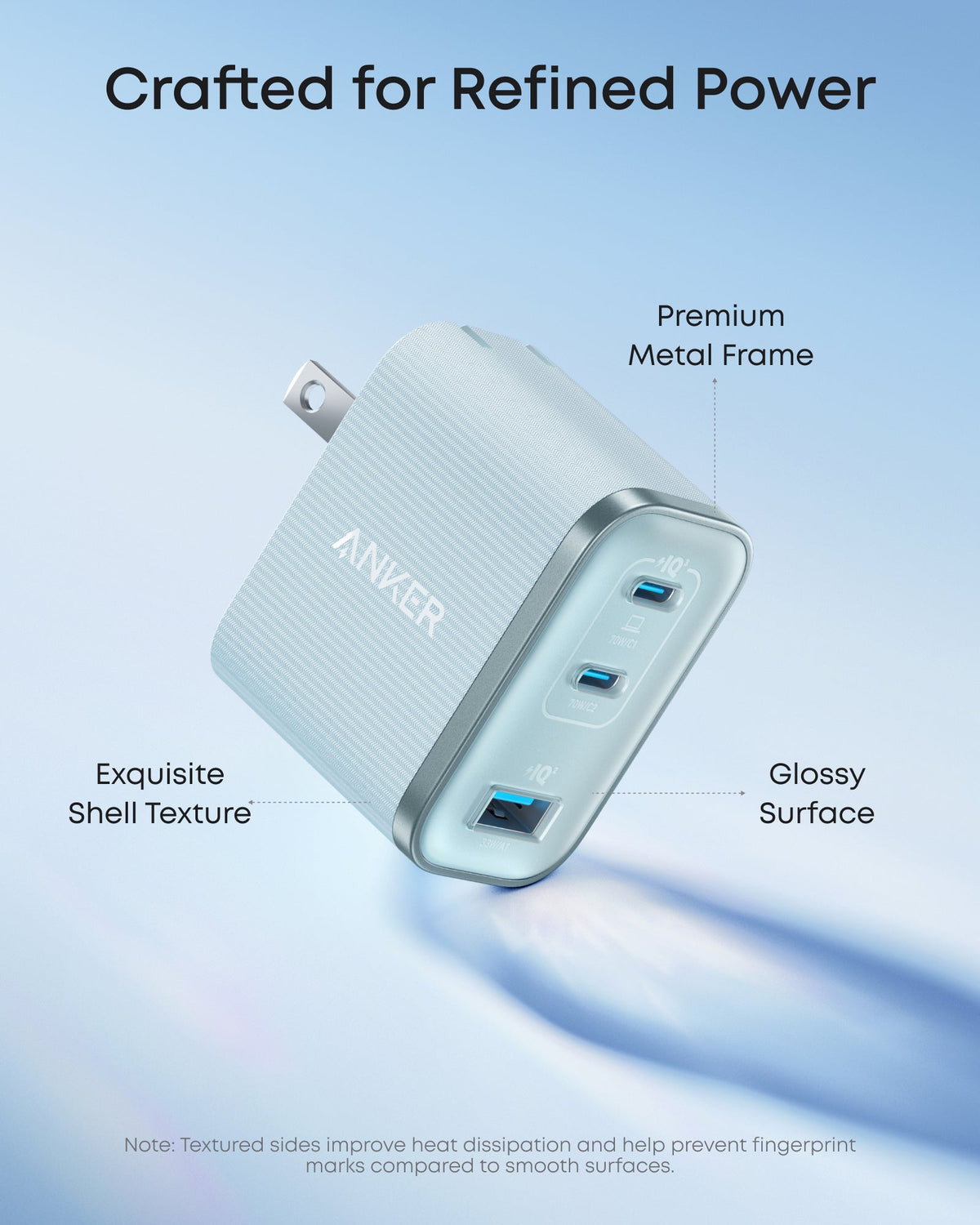Anker Nano Charger with 70W power and three USB ports, compact design for fast device charging.
