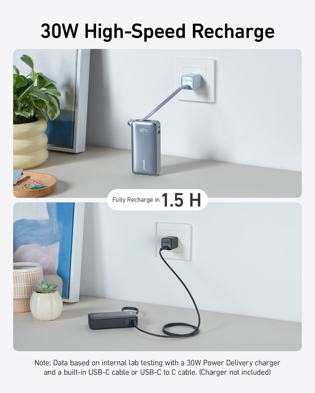 Anker Nano 30W power bank with built-in USB-C cable, compact portable charging device for smartphones and gadgets.