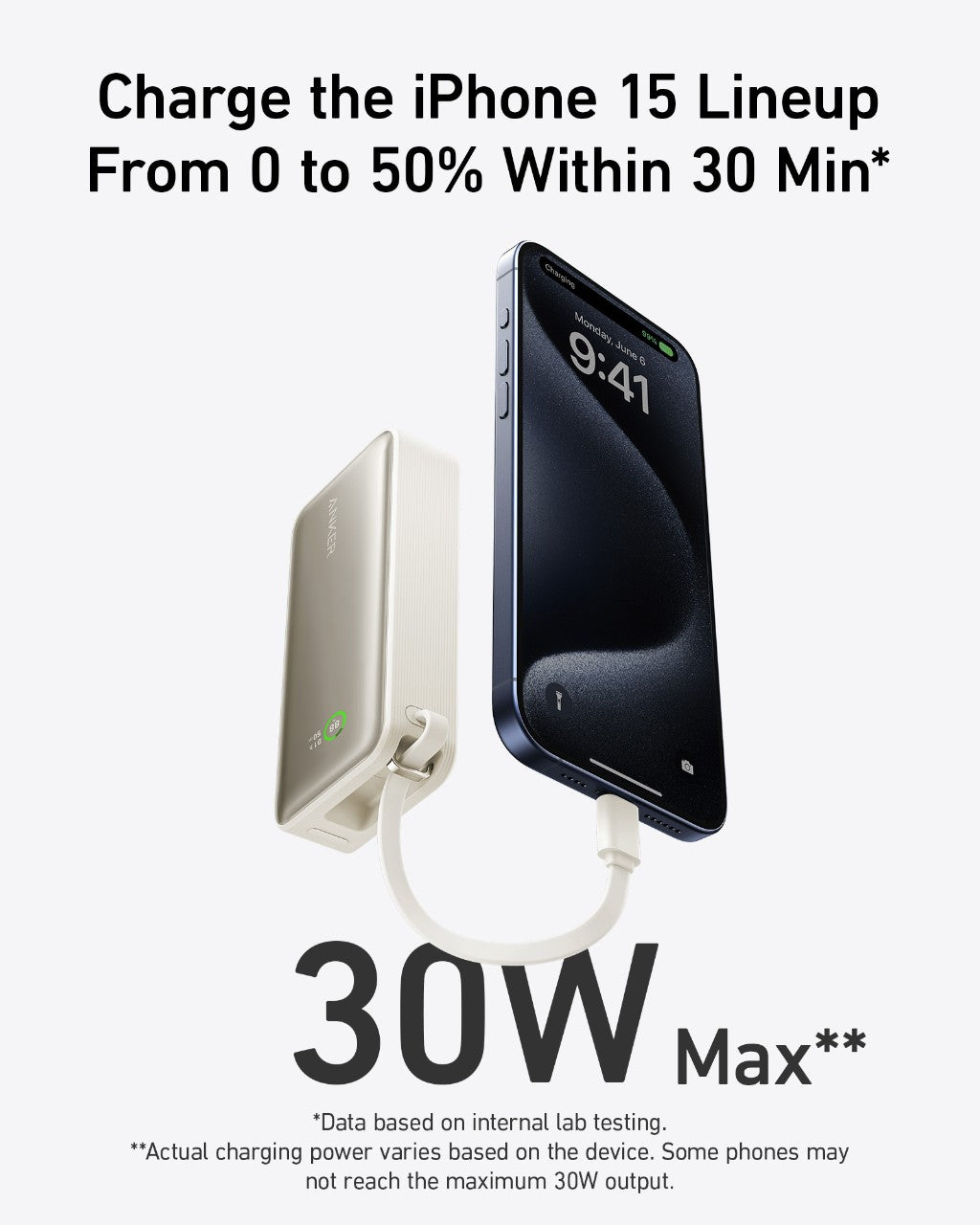 Anker Nano 30W power bank with built-in USB-C cable for portable charging, shown in a close-up view.