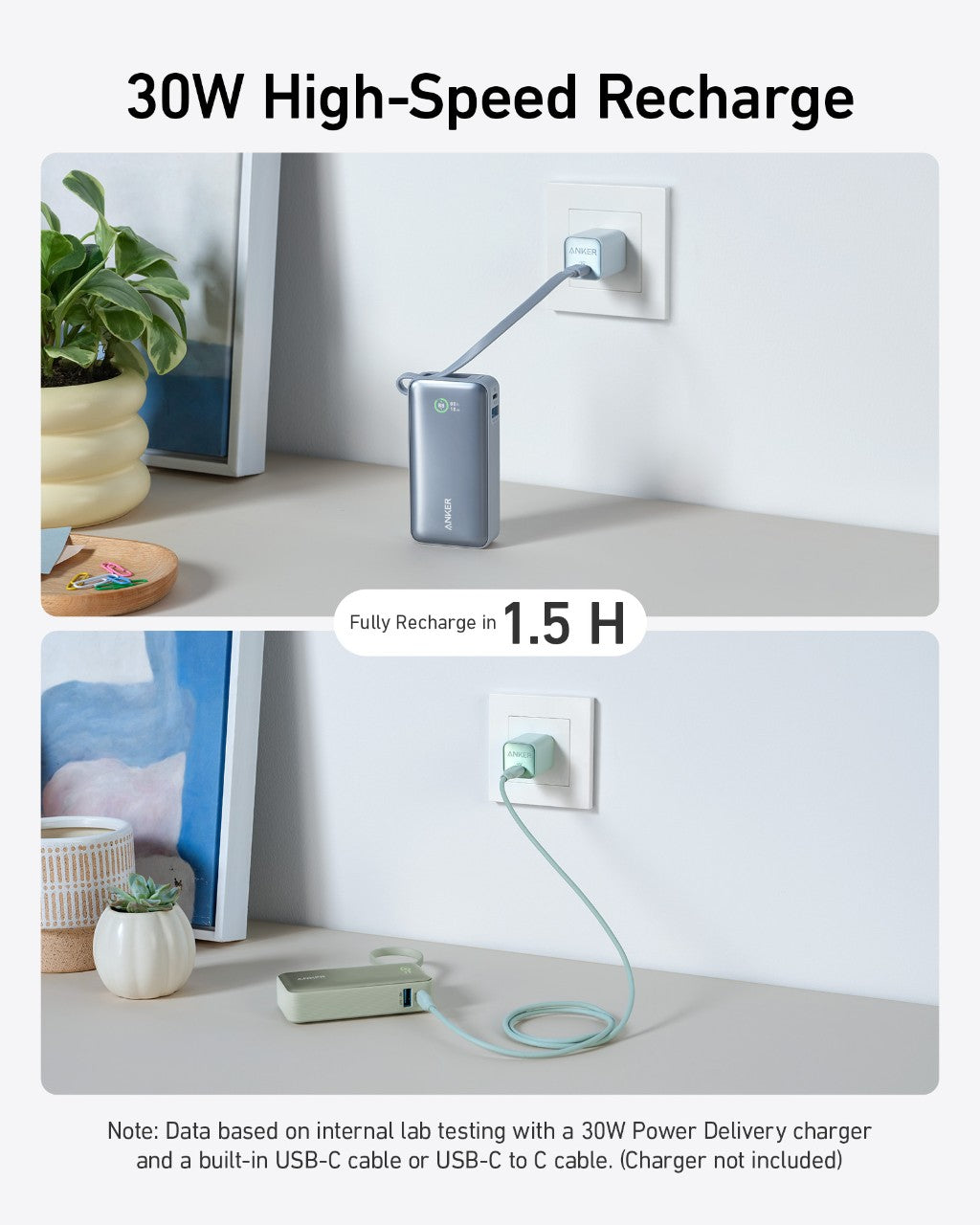 Anker Nano 30W power bank with built-in USB-C cable for portable charging, shown in a close-up image.