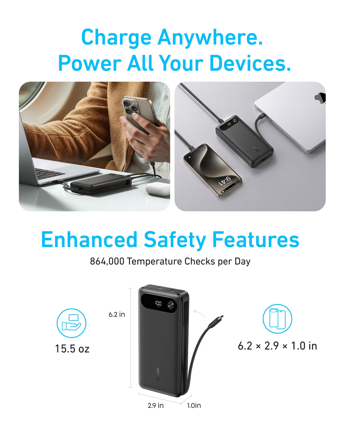 Anker Power Bank 20K with 87W output and built-in USB-C cable, compact portable charger for smartphones and devices.
