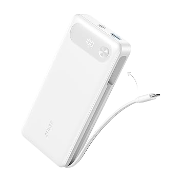 Anker 20,000mAh power bank with 87W output and built-in USB-C cable for fast charging and portable power.