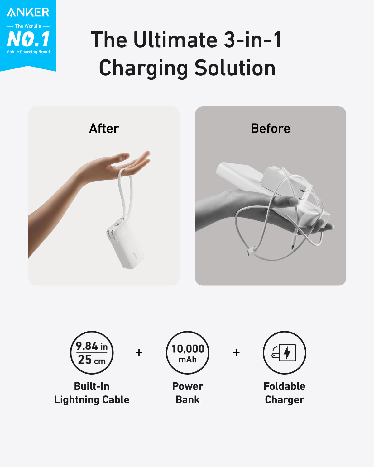 Anker Power Bank 10K Fusion with built-in charging cable, compact portable power bank for smartphones and devices.